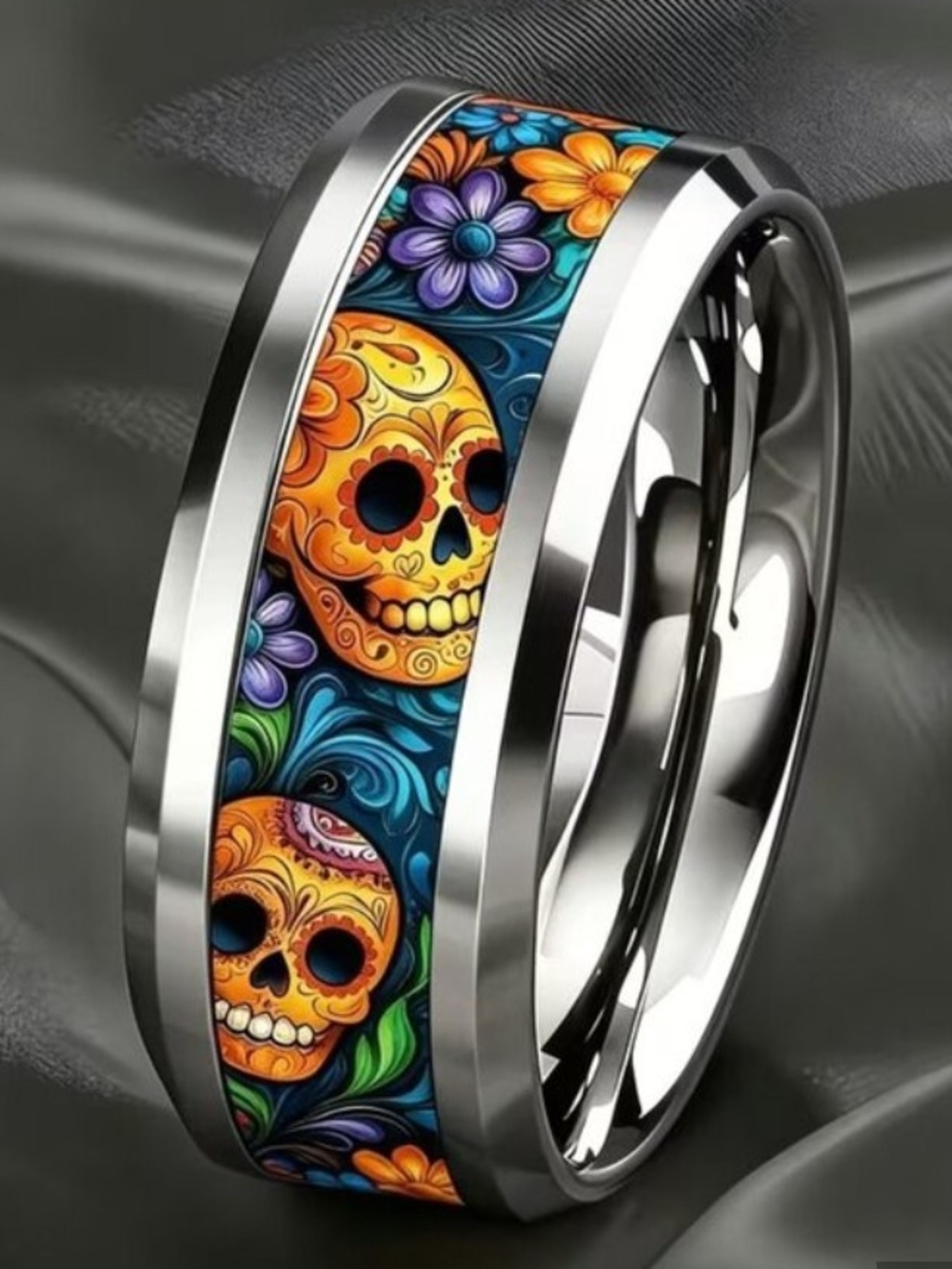 Skull Floral Inlay Stainless Steel Ring - Orange & Blue Size 8